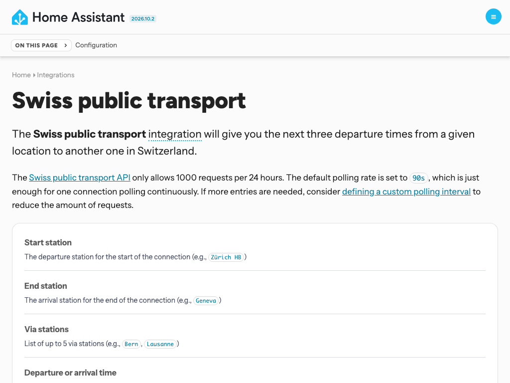 The Swiss public transport integration page of Home Assistant