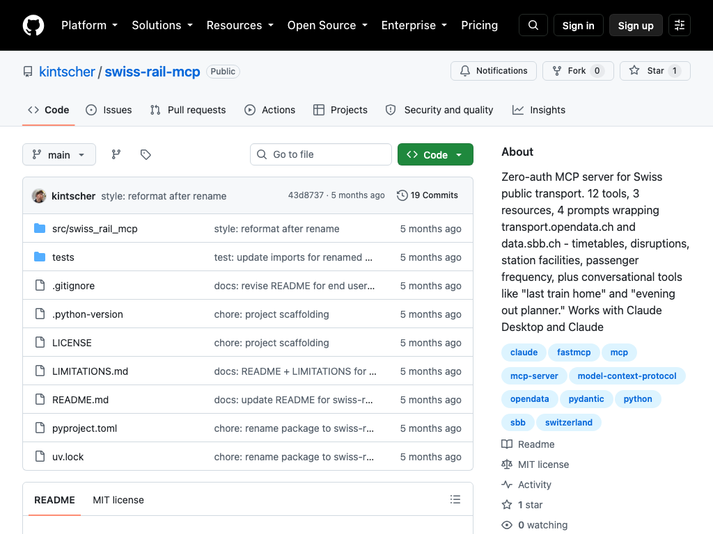 The swiss-rail-mcp repository on GitHub